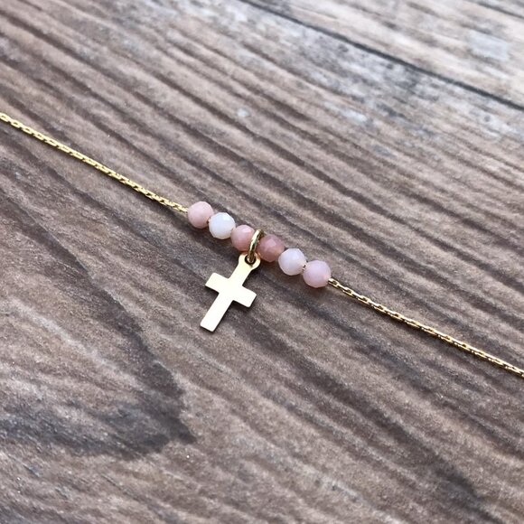 Beaded Cross necklace, gold, Easter gift, Christian gift, minimalist, gemstone, - Picture 5 of 6